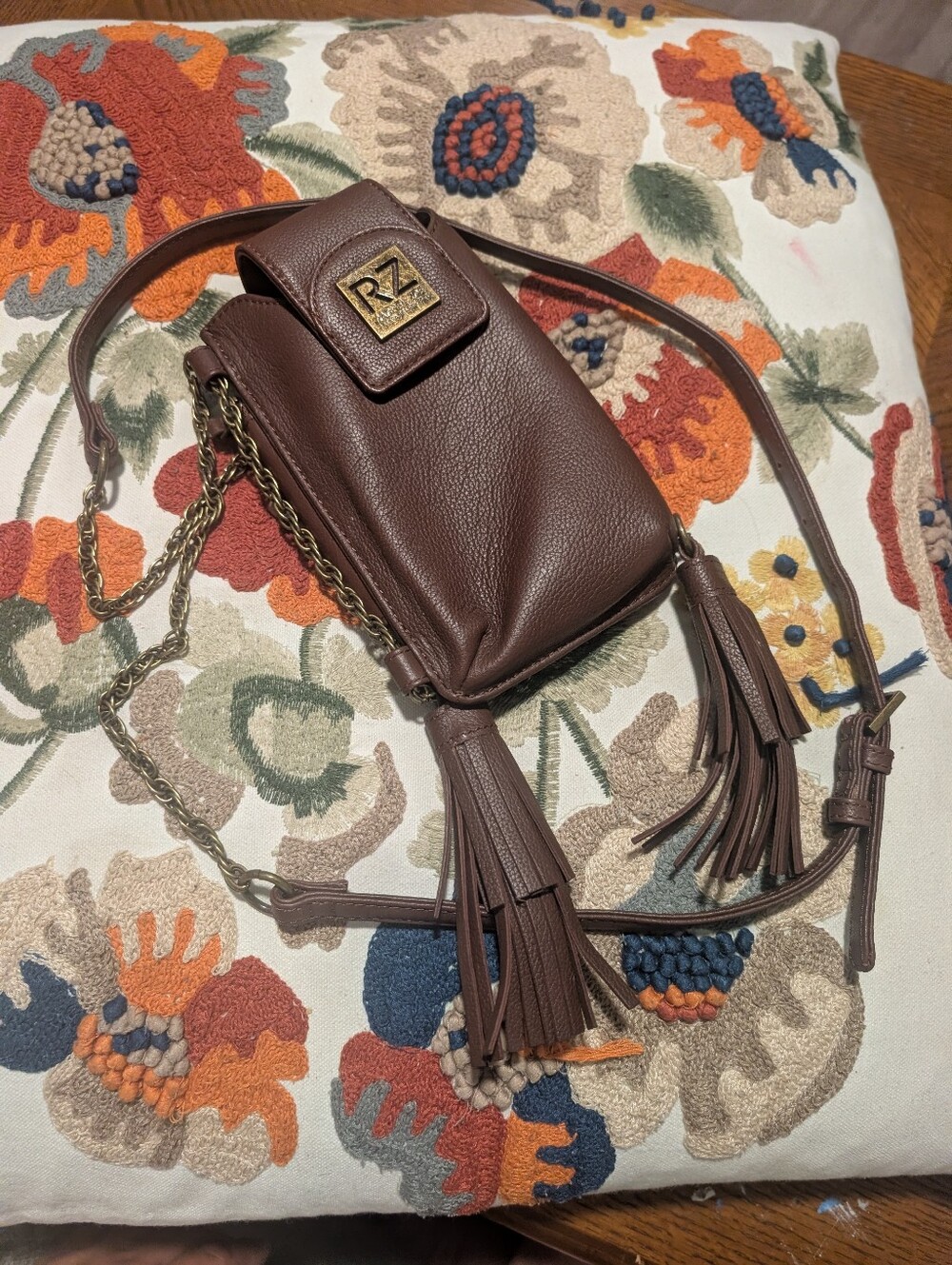 Rachel Zoe Brown Leather Crossbody Bag with Tassel Detailing And Metal Chain